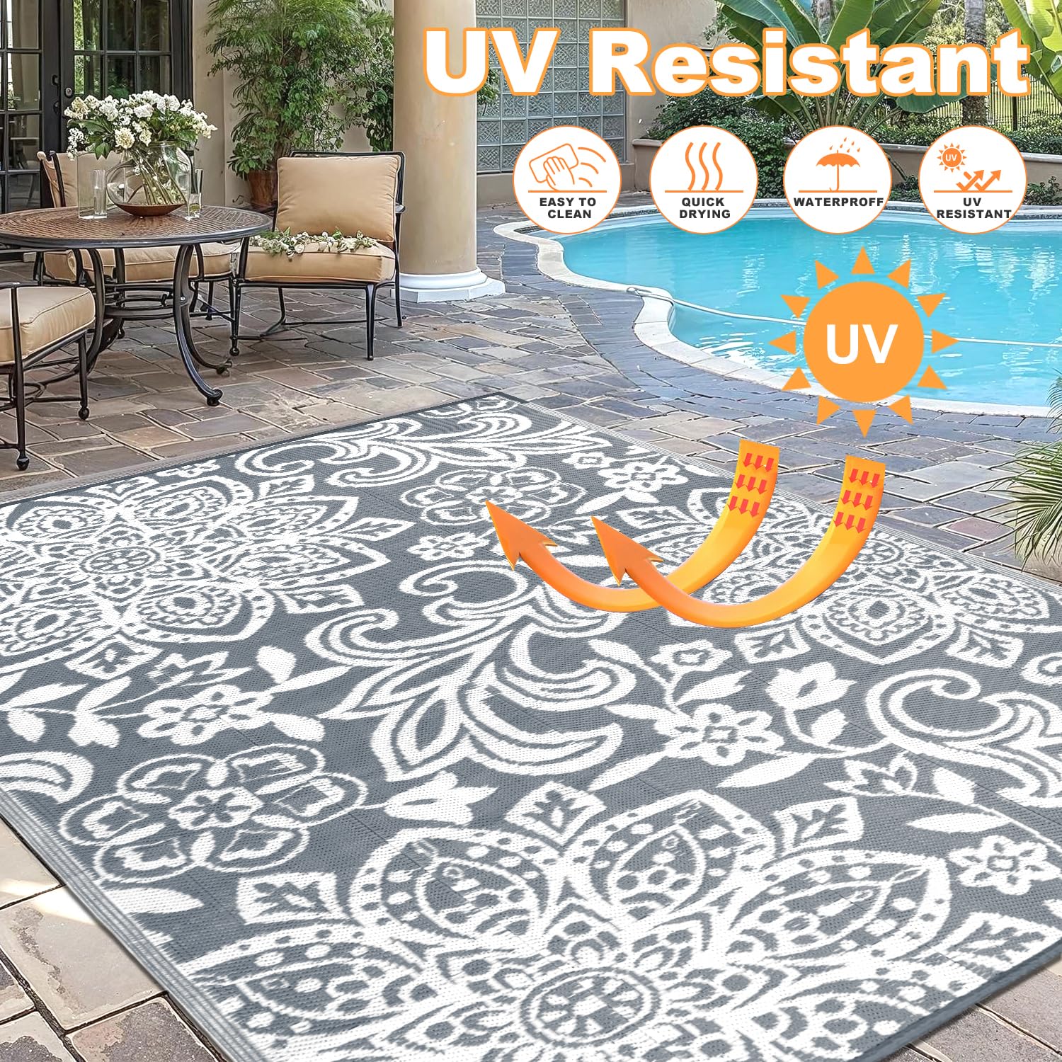 Grey Findosom outdoor rug laid out on patio