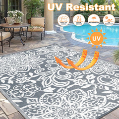 Grey Findosom outdoor rug laid out on patio