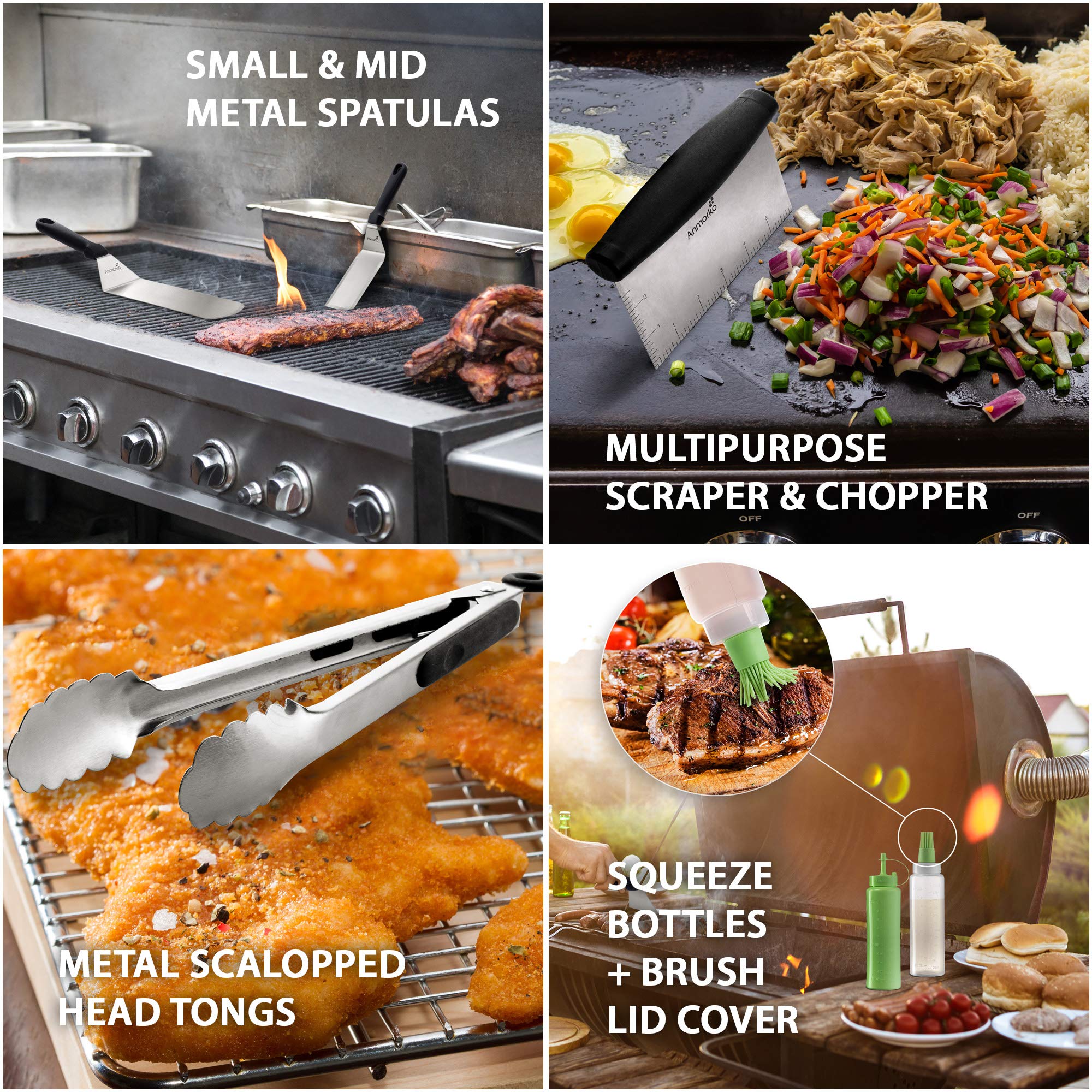 Griddle scraper from Anmarko Metal Spatula Set positioned on a flat top grill
