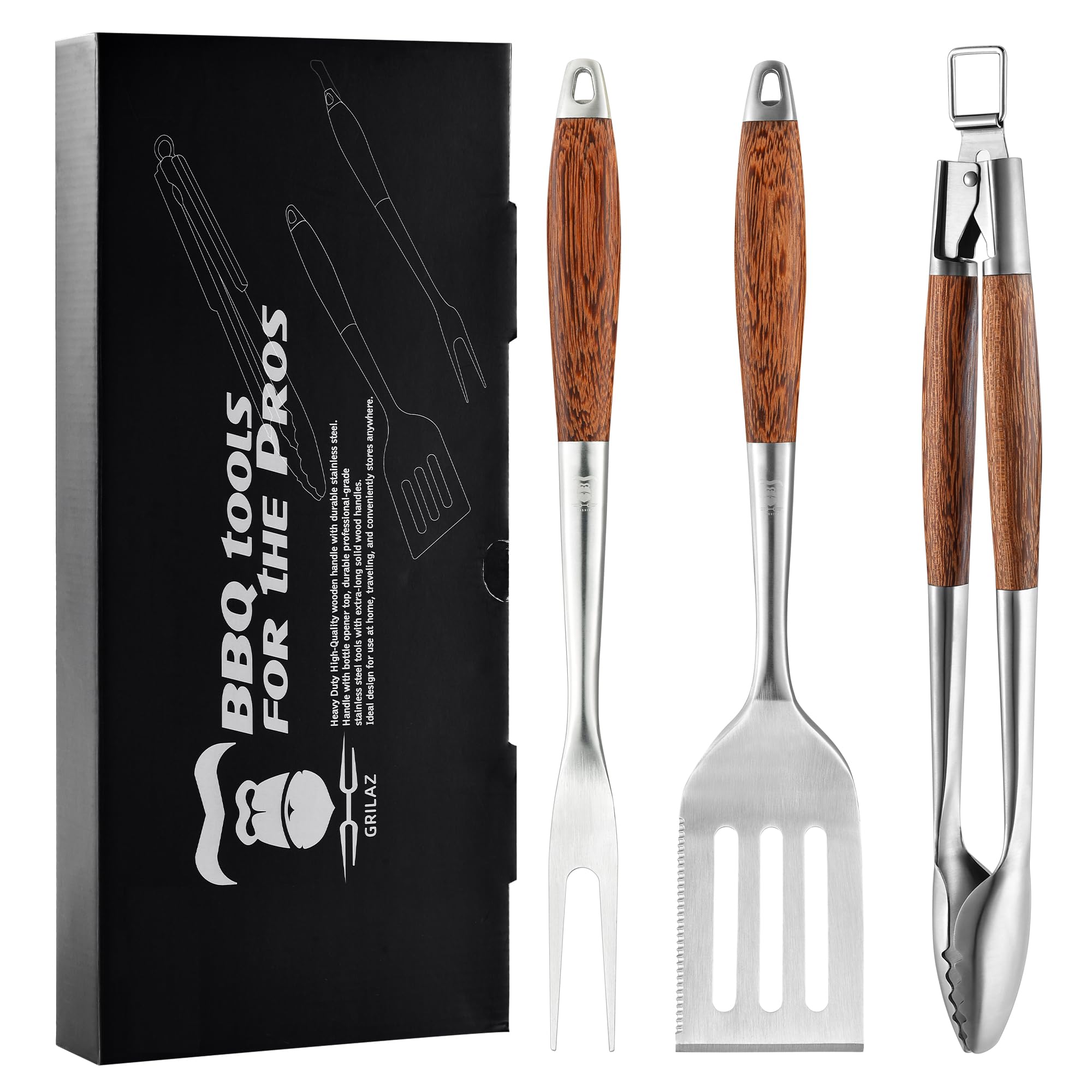 GRILAZ BBQ Grilling Tools Set with spatula, tongs, and fork