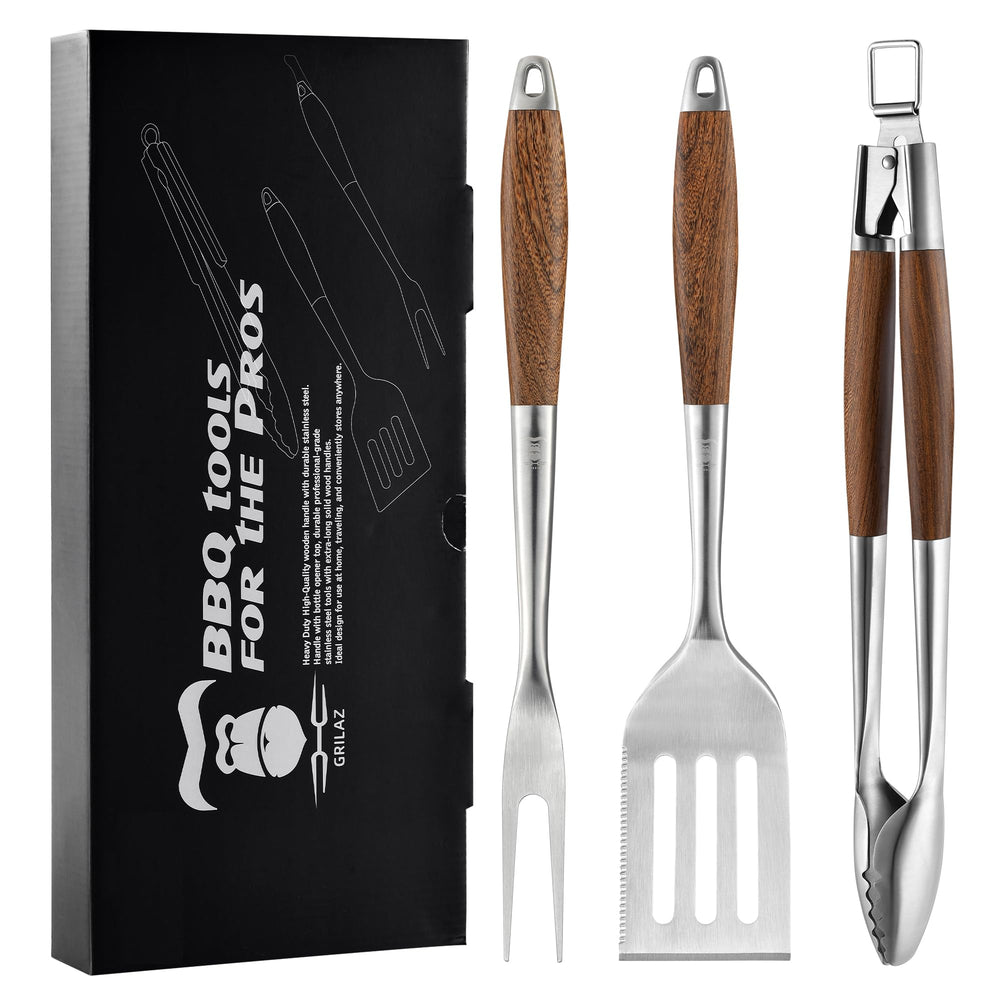 GRILAZ Heavy-Duty BBQ Grilling Tools Set with wooden handles