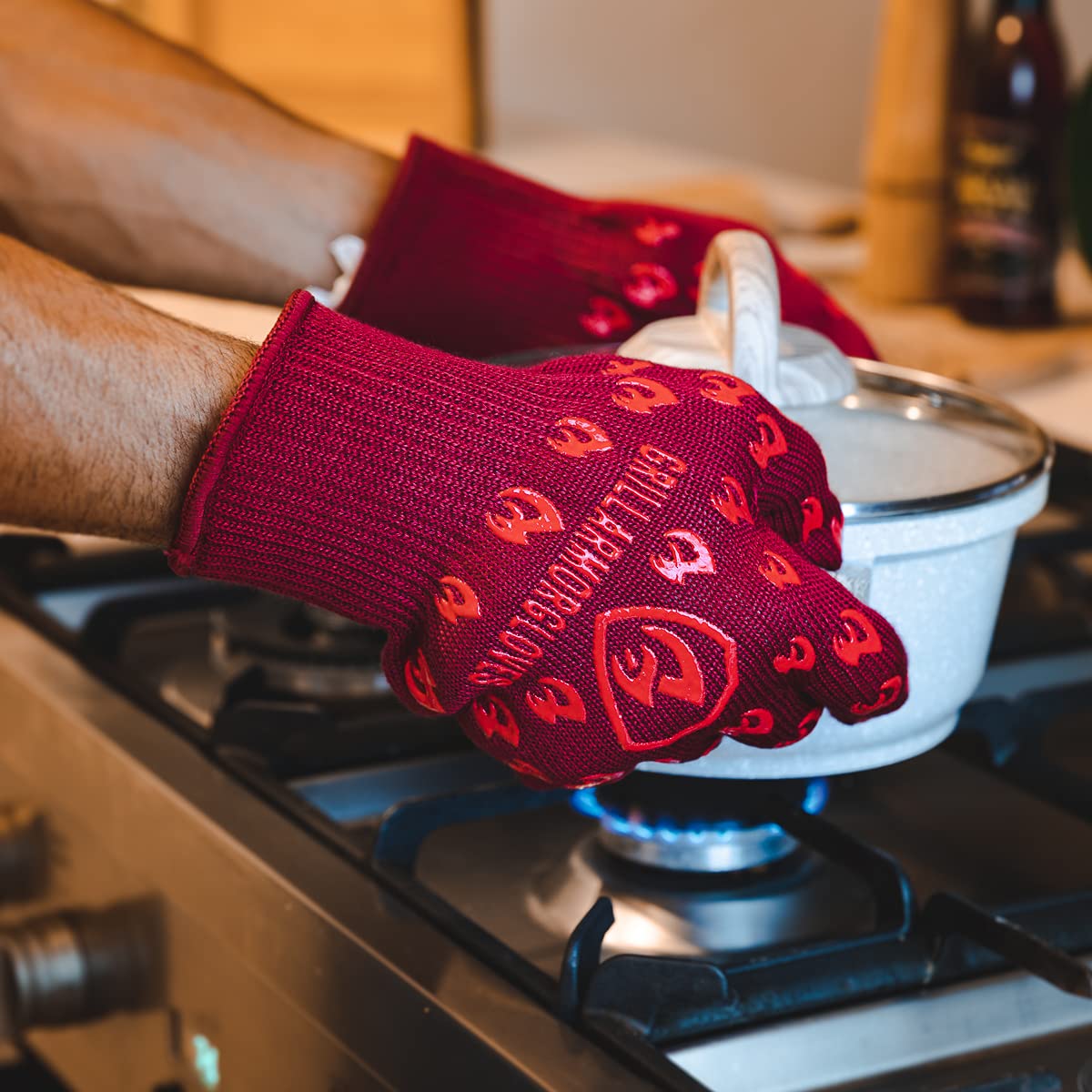 Grill Armor Gloves red mitts on a grill