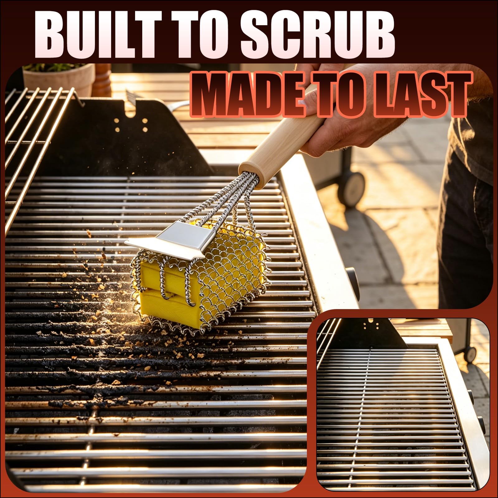 Grill brush in use on a flat-top griddle