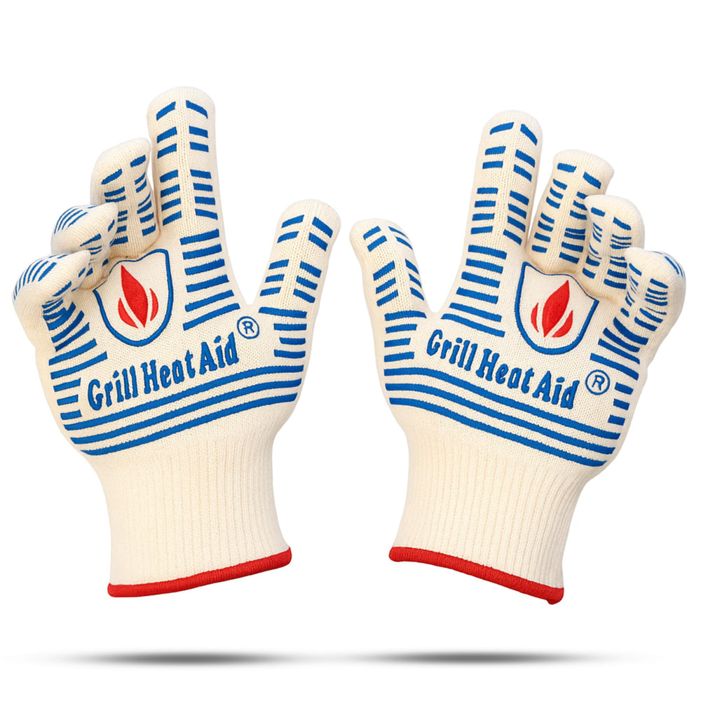 Grill Heat Aid Grill Gloves front view, white and blue colour