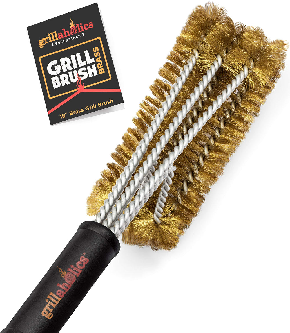 Grillaholics Brass Grill Brush front view with black handle
