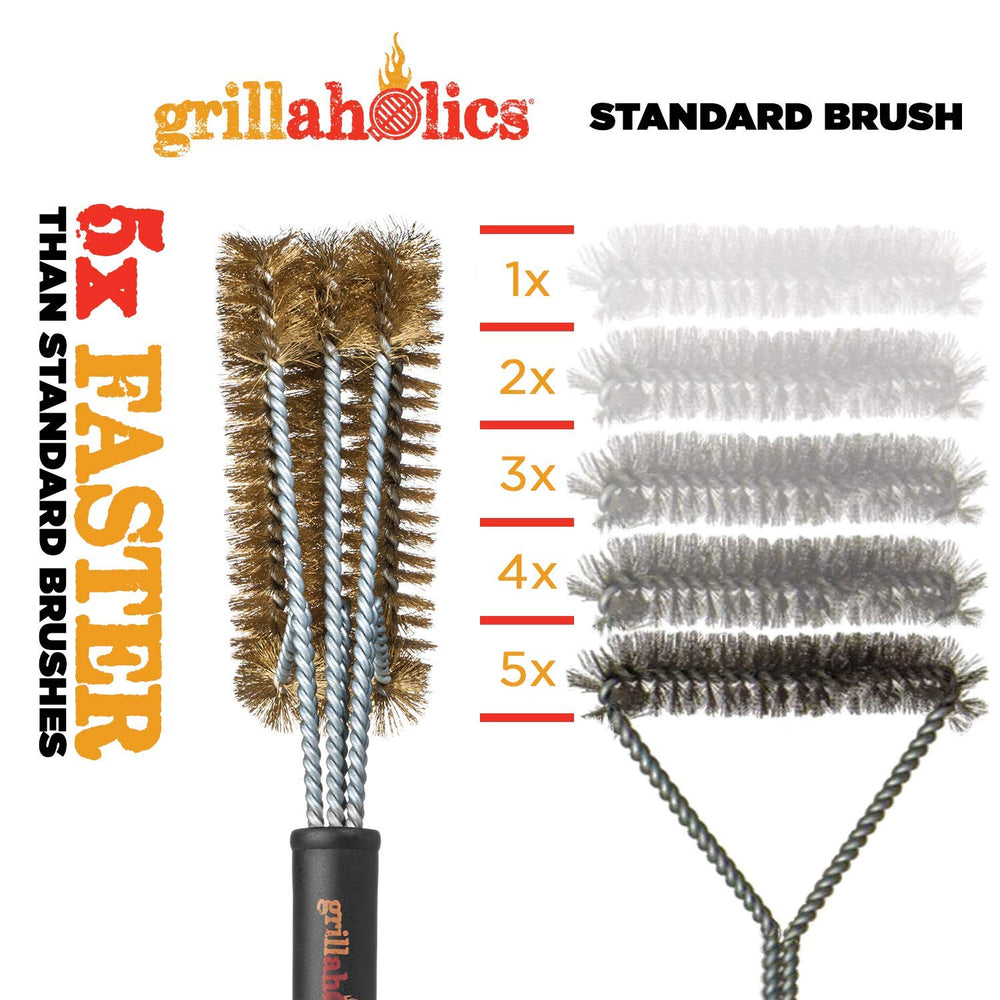 Grillaholics Brass Grill Brush on a grill surface