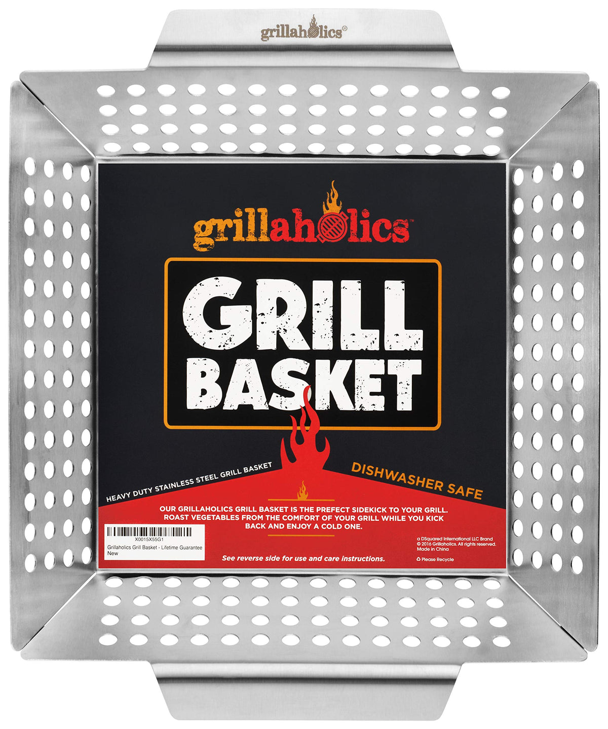 Grillaholics Vegetable Grill Basket front view, stainless steel