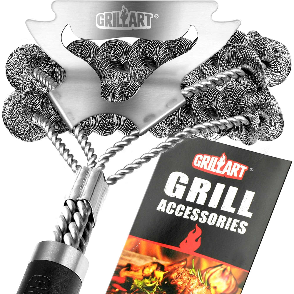 GRILLART 18-inch grill brush front view with stainless steel bristles