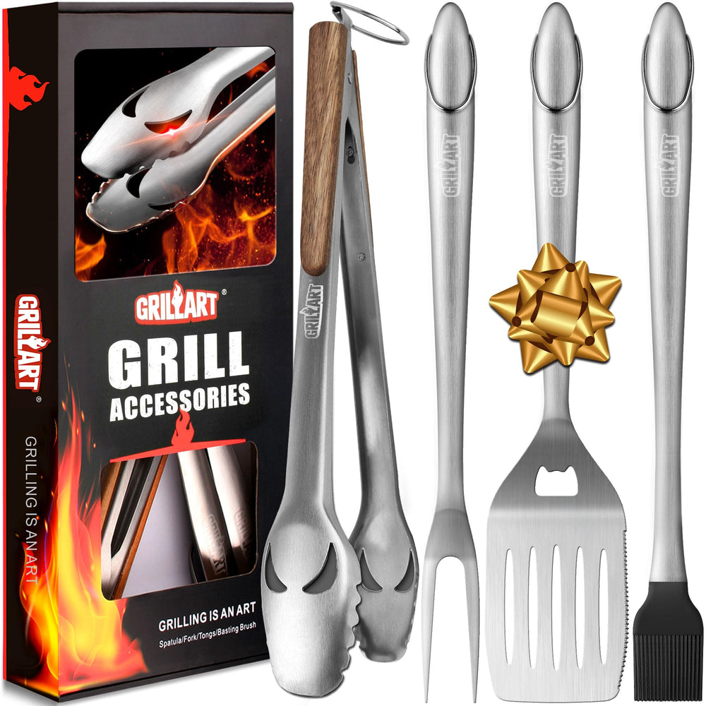 GRILLART BBQ Tools Set includes locking tongs, fork, spatula, and brush