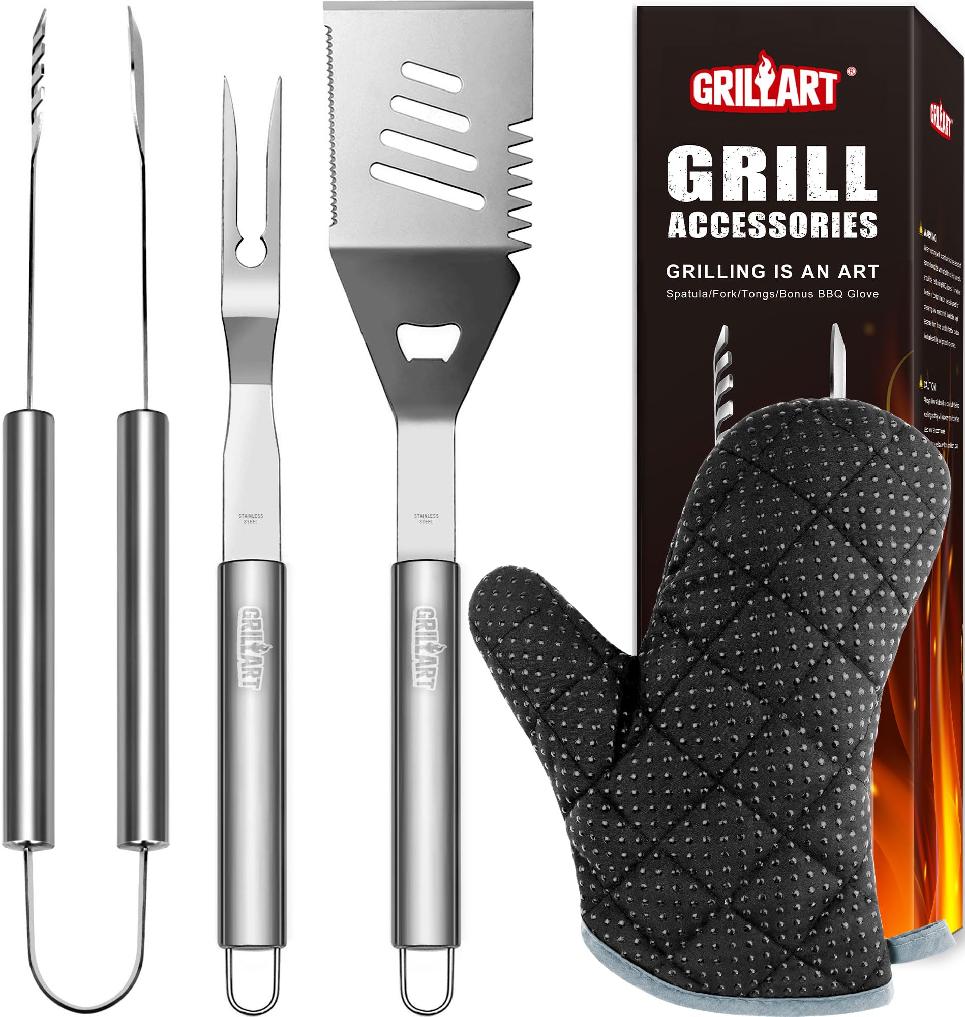 GRILLART BBQ Tools Set including spatula, tongs, and fork