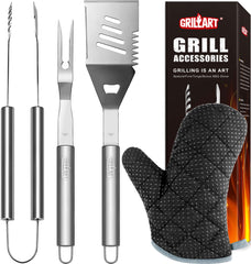 GRILLART BBQ Tools Set including spatula, tongs, and fork