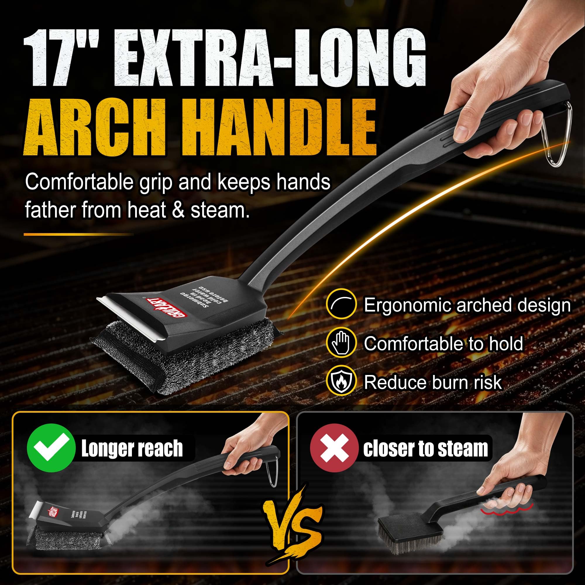 GRILLART Grill Brush and spare pad on a kitchen counter