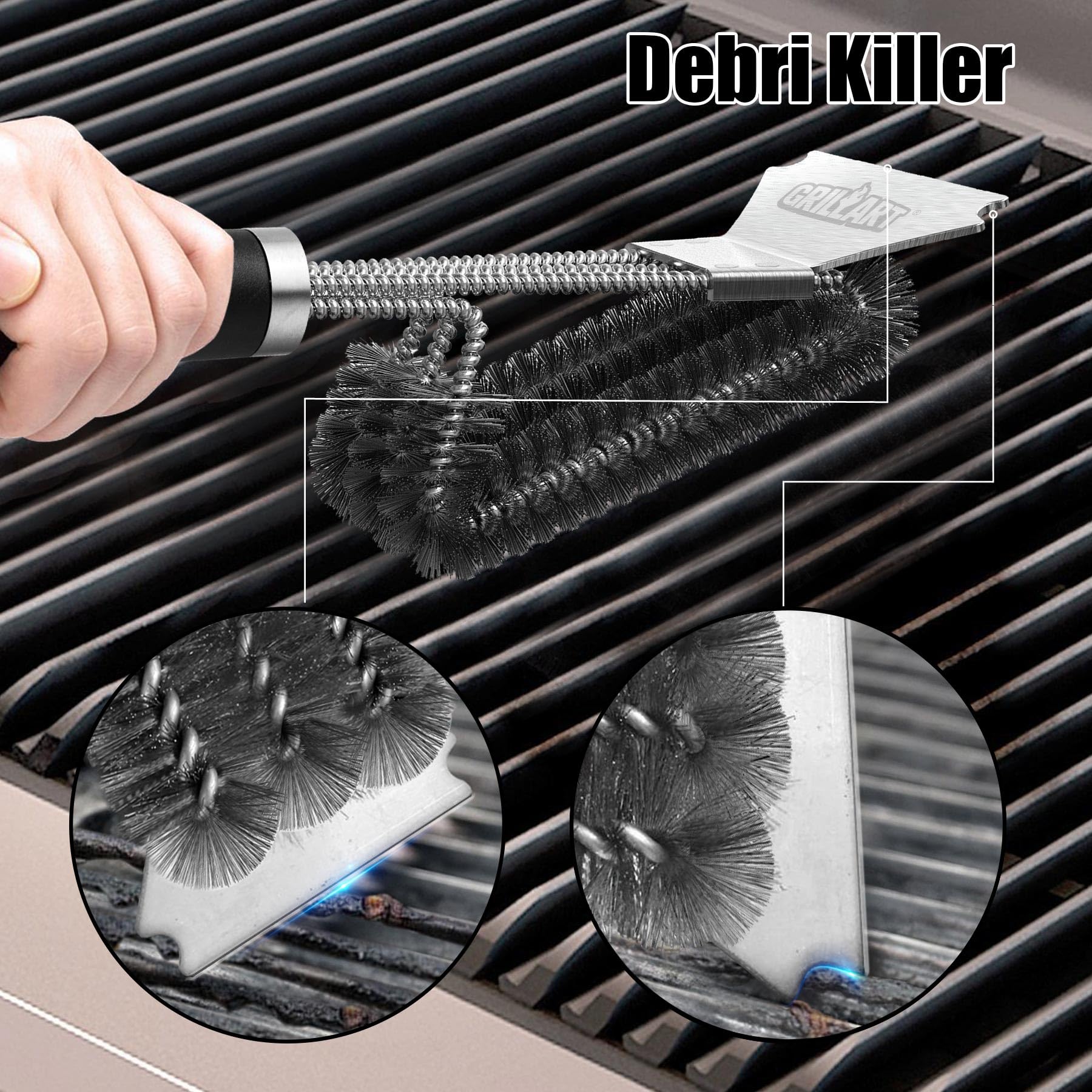 GRILLART Grill Brush close-up of bristles and scraper