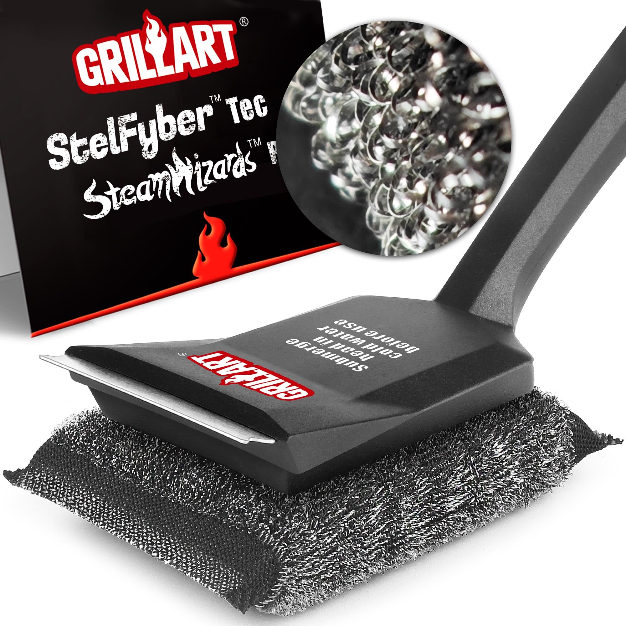 GRILLART Grill Brush front view with black StelFyber pad