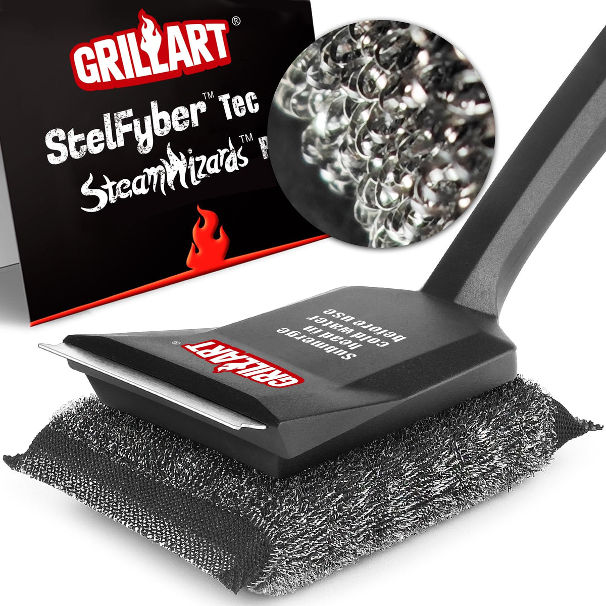 GRILLART Grill Brush front view with black StelFyber pad