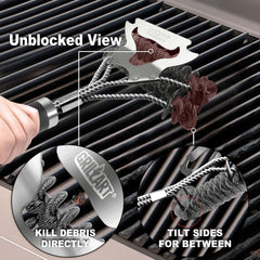 GRILLART grill brush in use on a barbecue grill