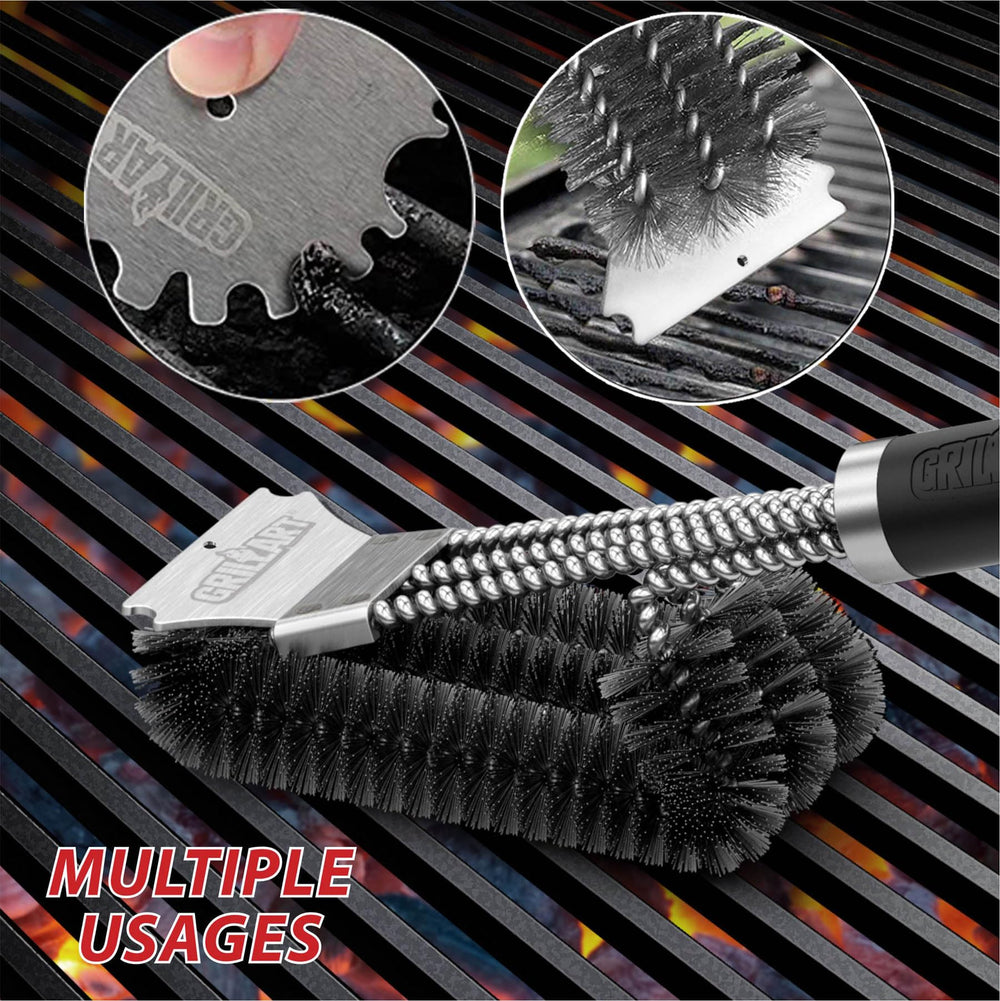 GRILLART grill brush in use on a BBQ grill