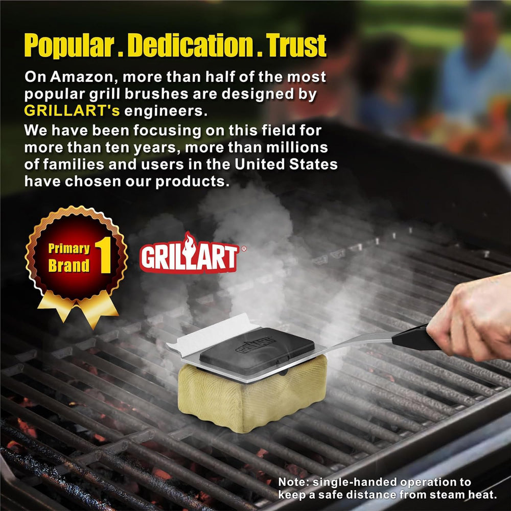GRILLART Grill Brush on a charcoal grill for cleaning