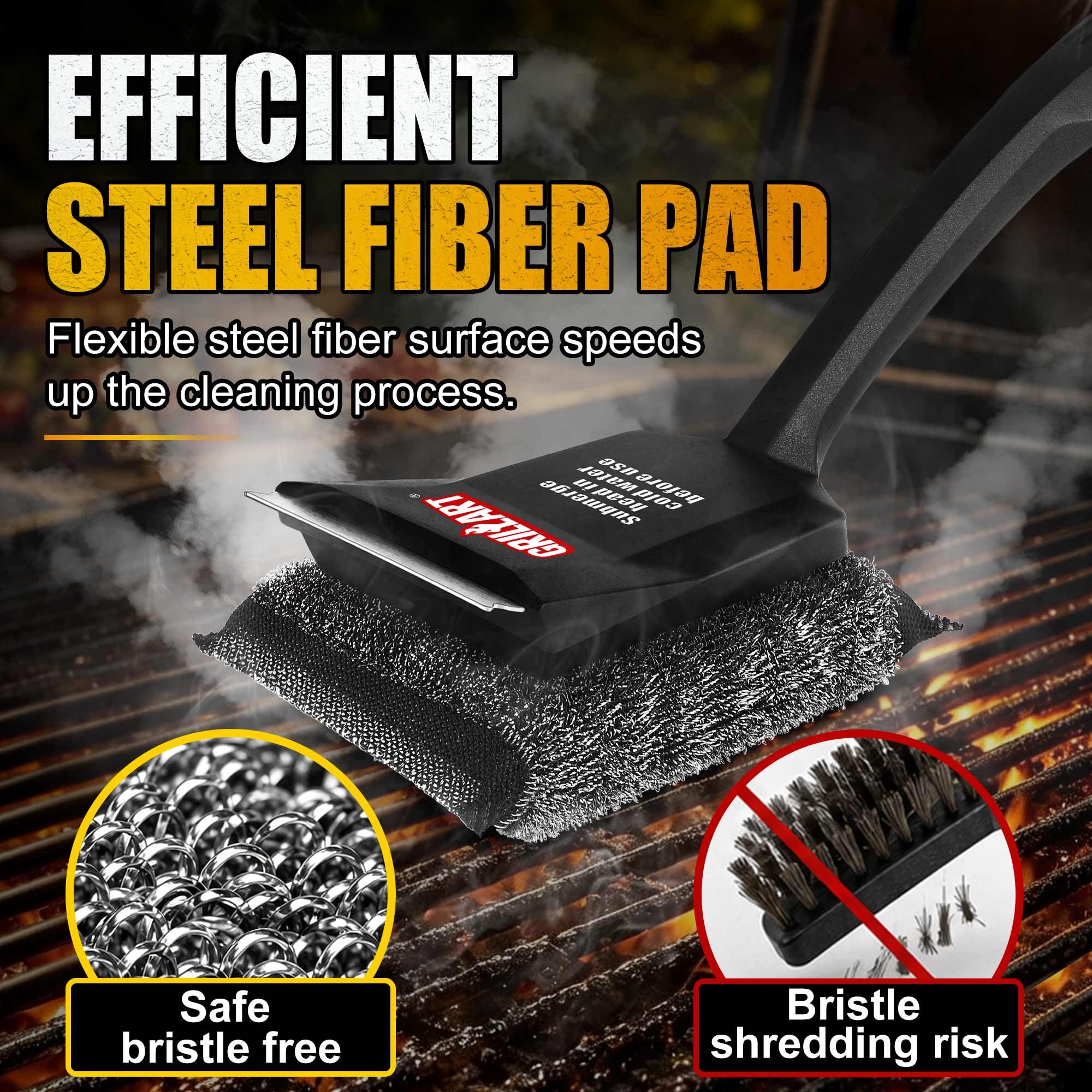 GRILLART Grill Brush showing replaceable pad and scraper