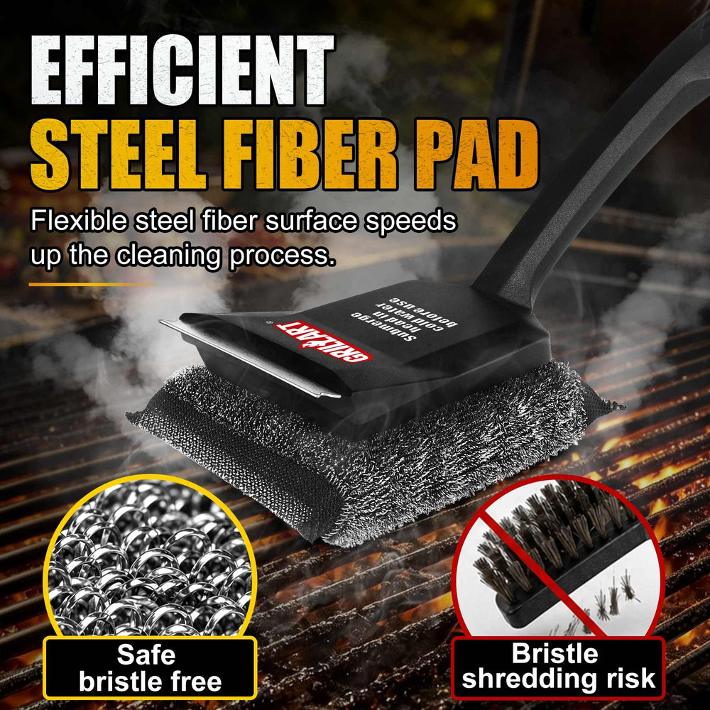 GRILLART Grill Brush showing replaceable pad and scraper