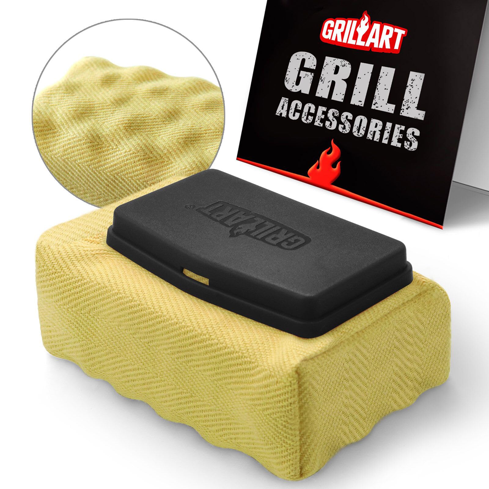 GRILLART Grill Brush side view displaying the stainless steel handle