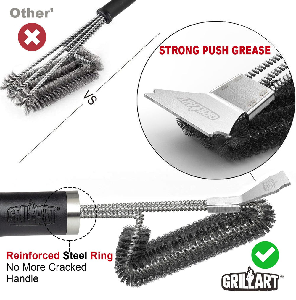 GRILLART Grill Brush side view showcasing the reinforced handle