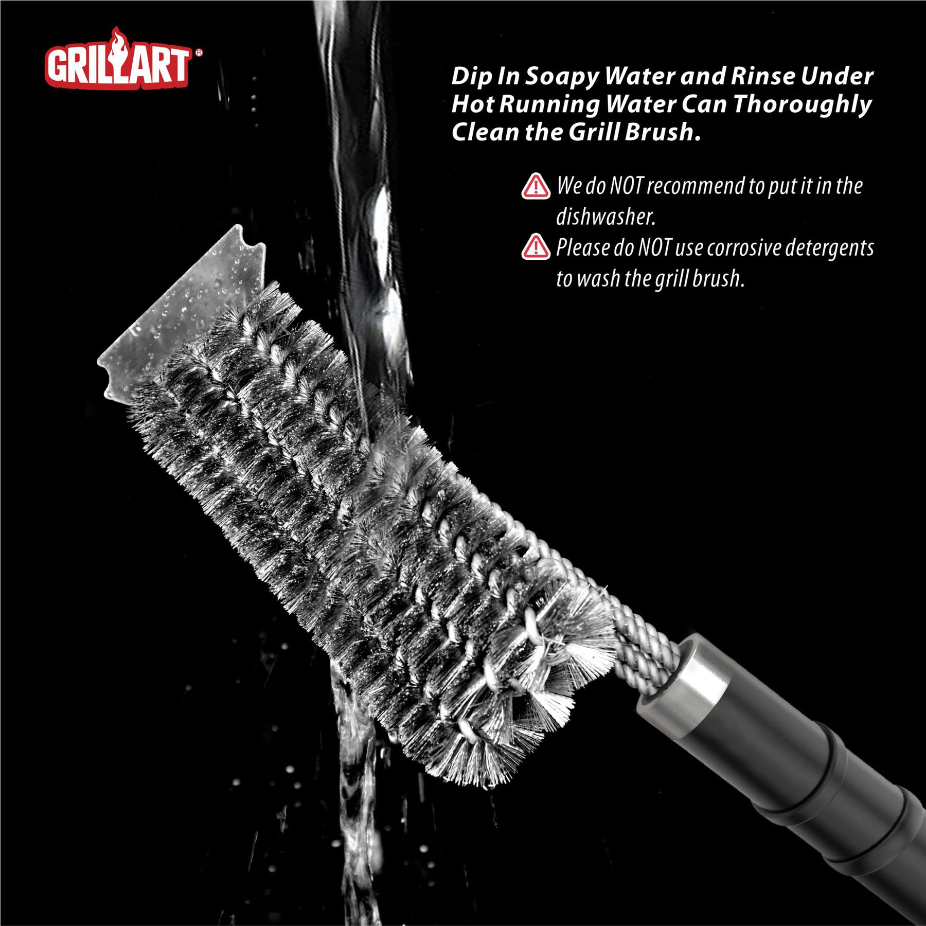 GRILLART grill brush with dimensions for reference
