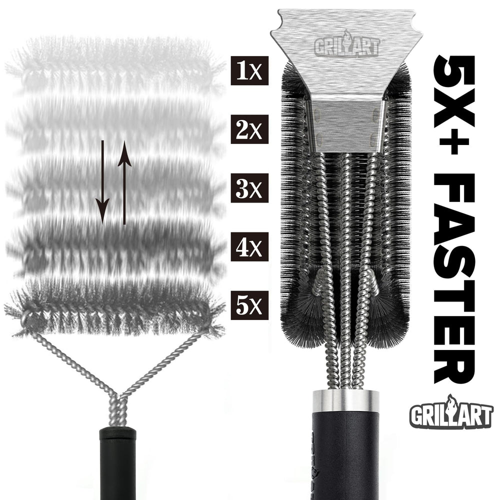 GRILLART Grill Brush with scraper on a grill surface