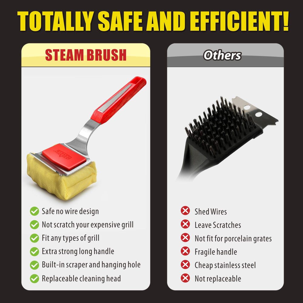 GRILLART SteamWizards Grill Brush and scraper on a grill surface