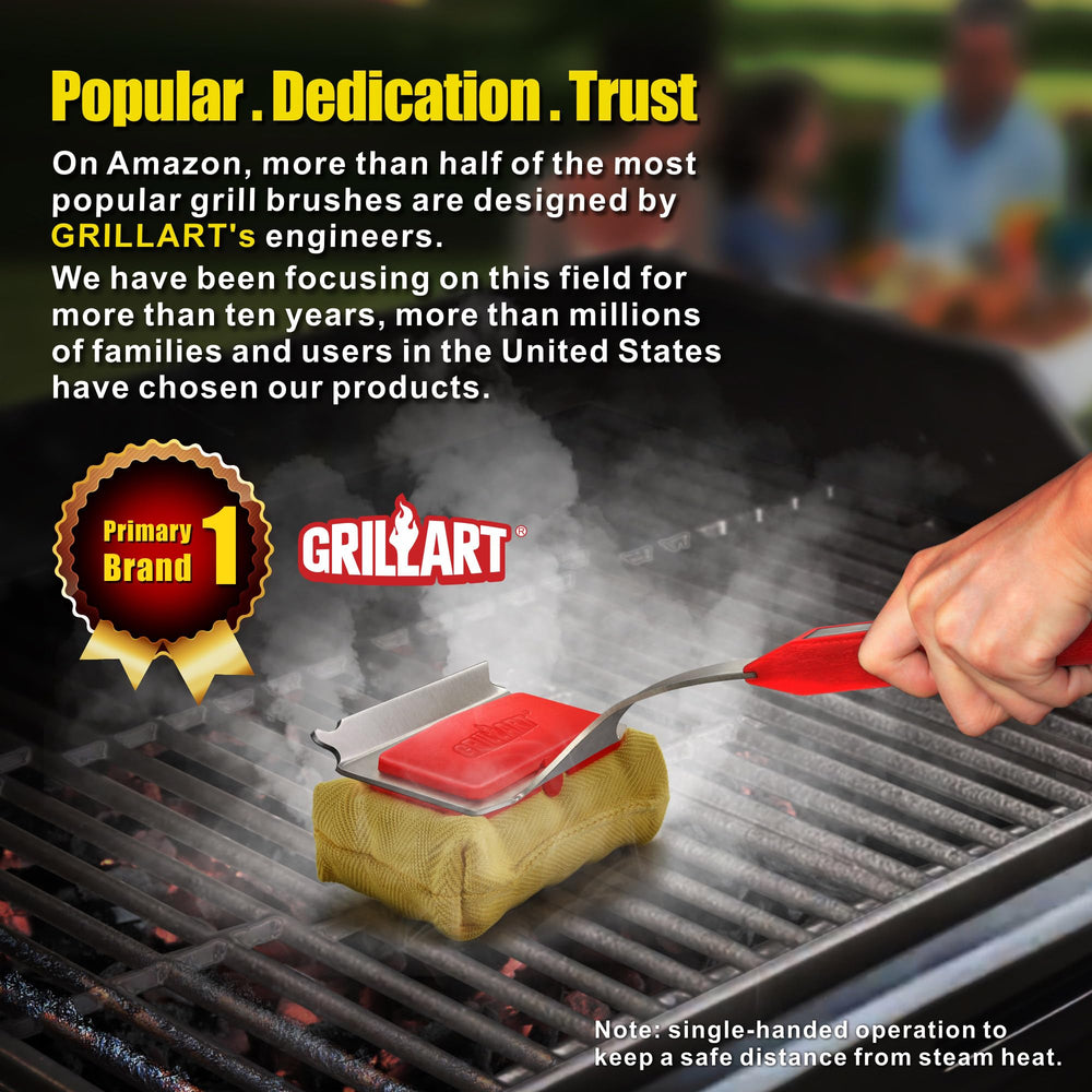 GRILLART SteamWizards Grill Brush close-up of stainless steel handle