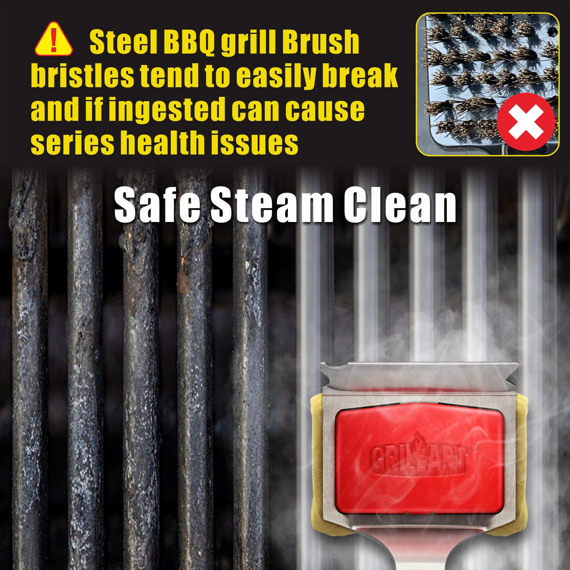 GRILLART SteamWizards Grill Brush demonstrating 360-degree cleaning