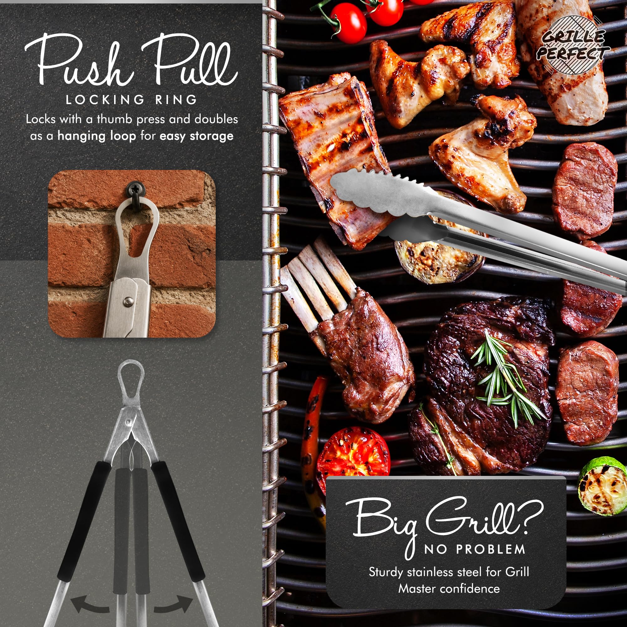Grille Perfect BBQ Tongs 24-inch displayed alongside BBQ food