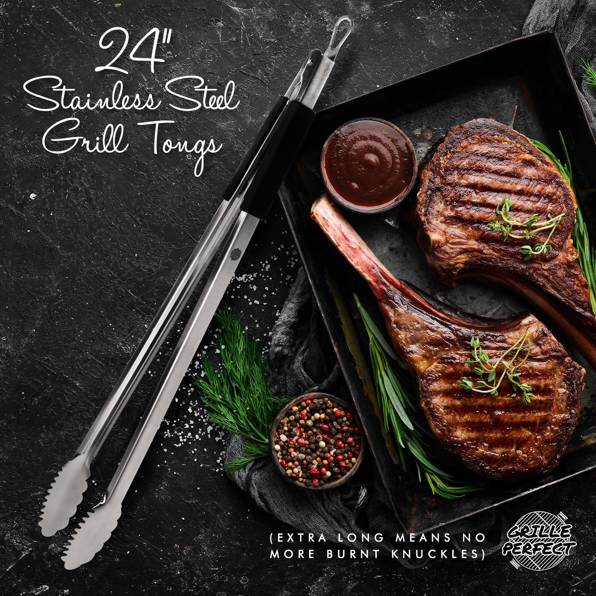 Grille Perfect BBQ Tongs 24-inch stainless steel with silicone handles
