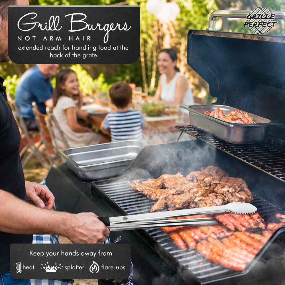 Grille Perfect BBQ Tongs being used to lift steak from grill