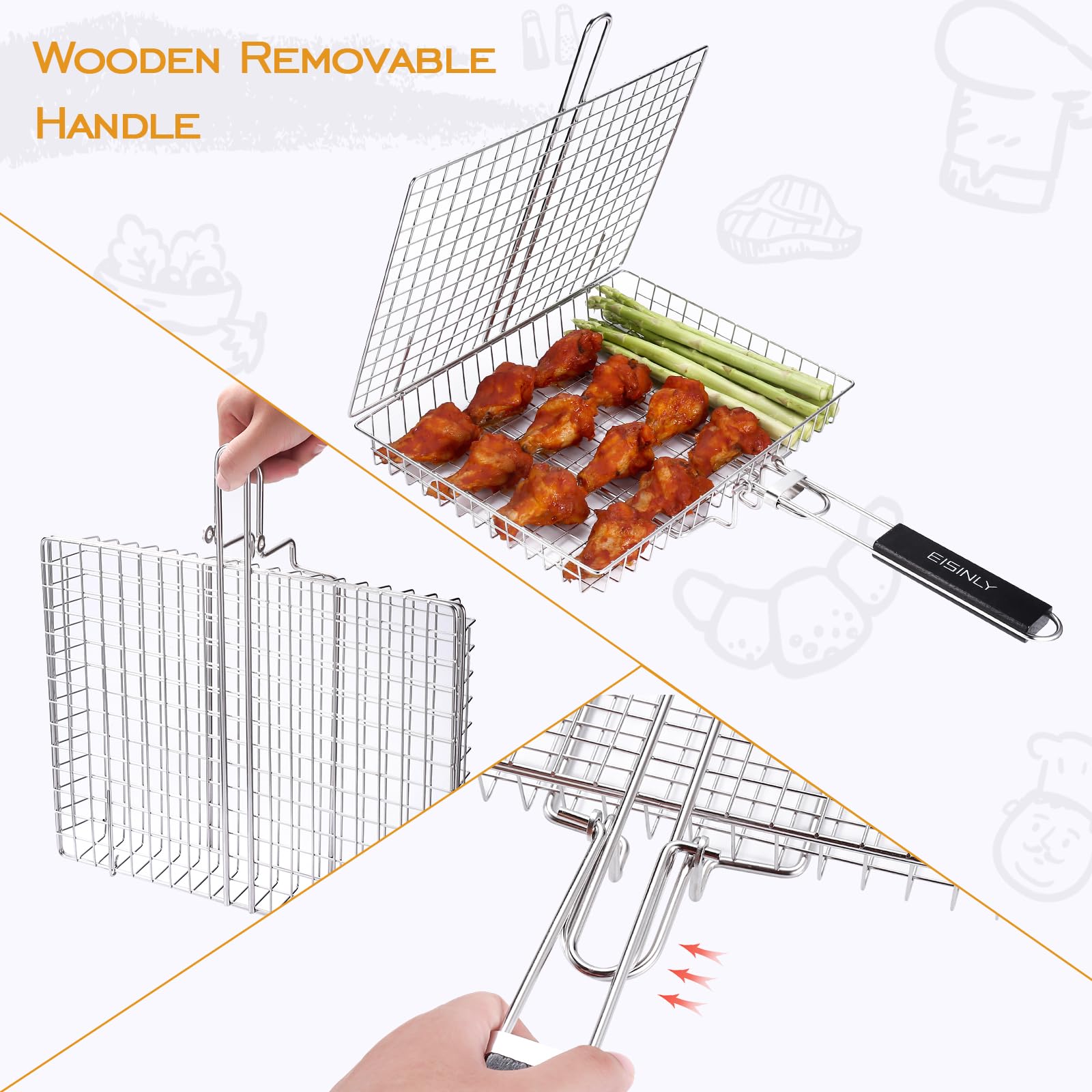 Grilled kebabs in Eisinly BBQ Grilling Basket on a barbecue