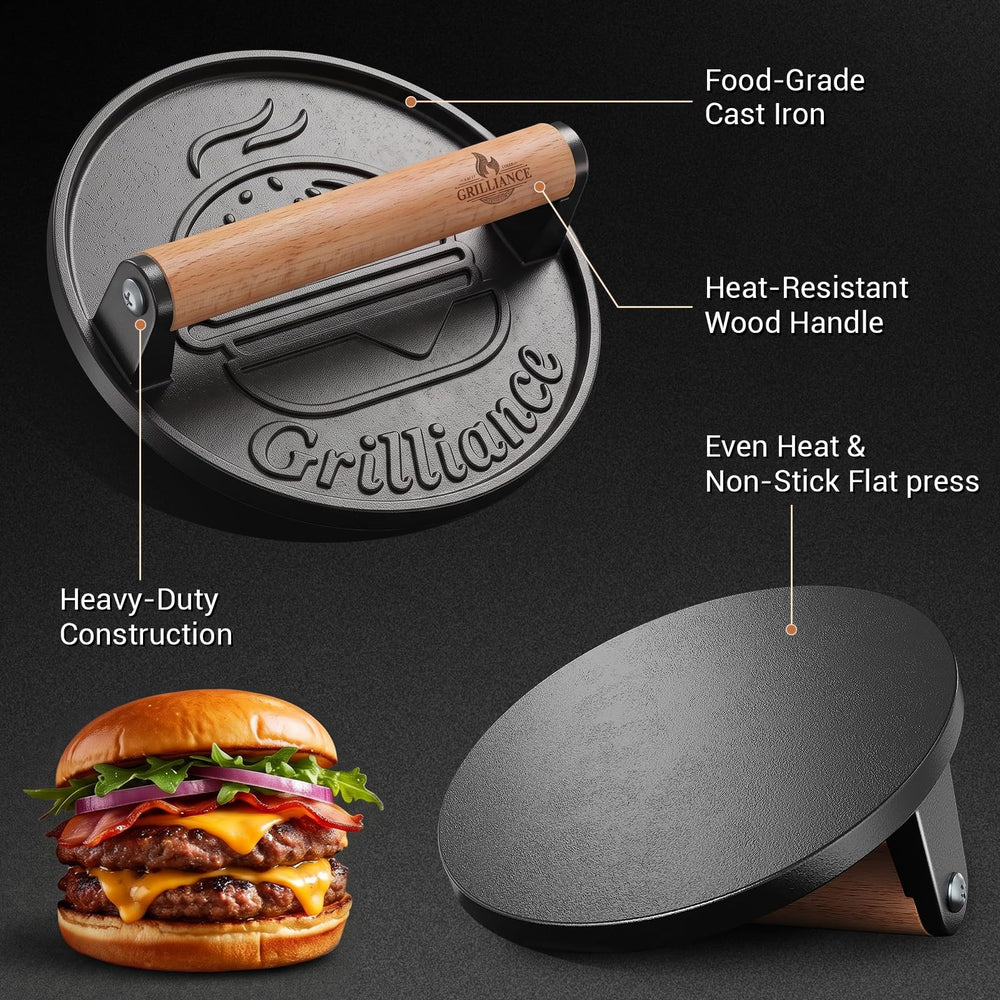 Grilliance burger press in use on a grill with burgers