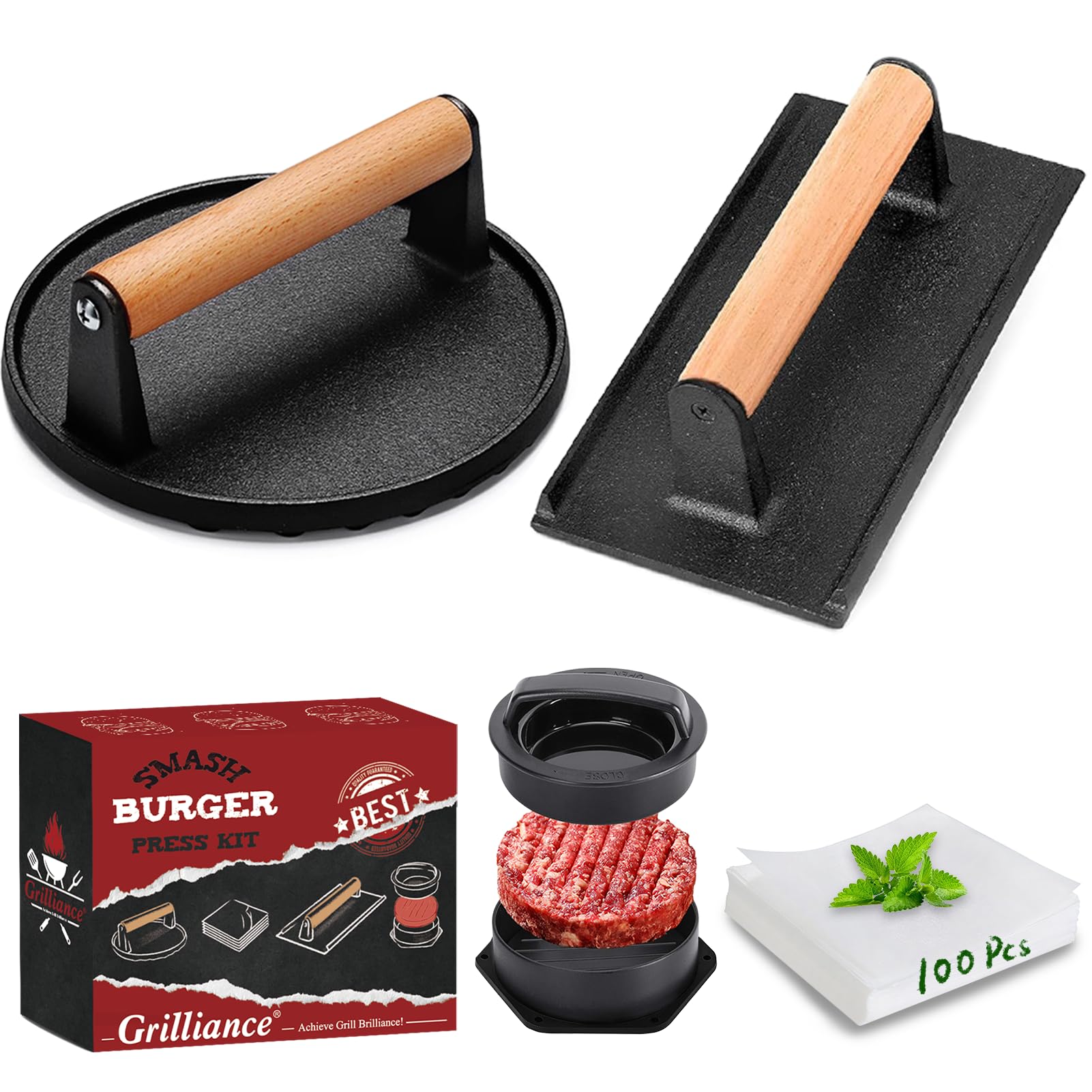 Grilliance Smash Burger Press Kit with round and rectangle tools
