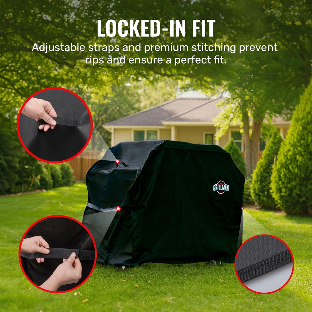 Grillman grill cover dimensions displayed with grill