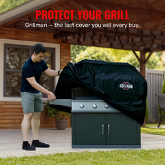 Grillman grill cover secured with straps against wind