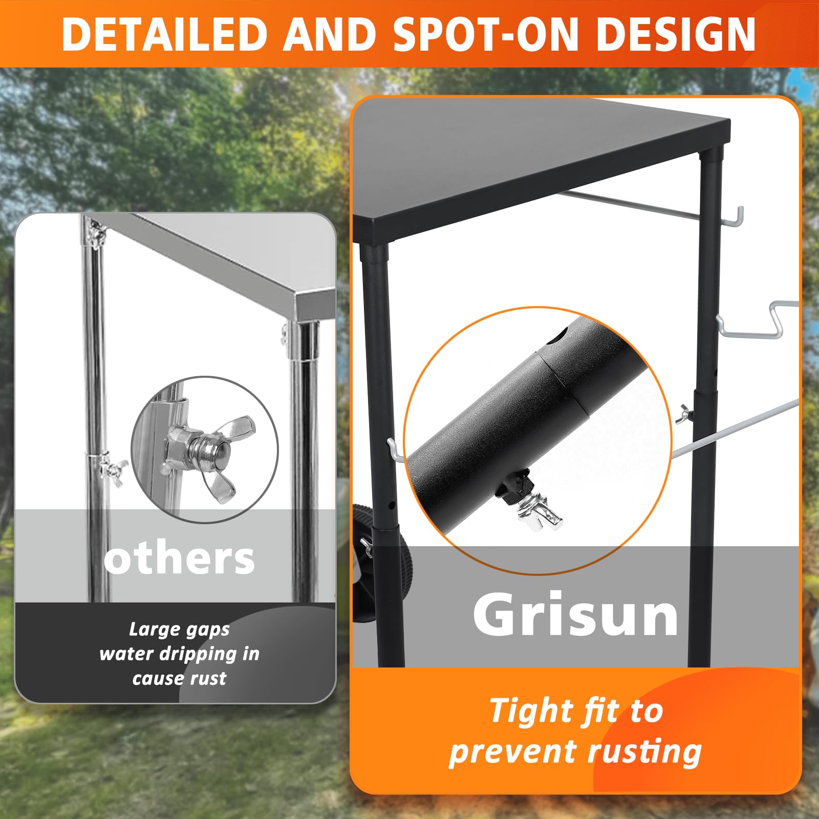 GRISUN Adjustable Height Side Table, side view with grill accessories
