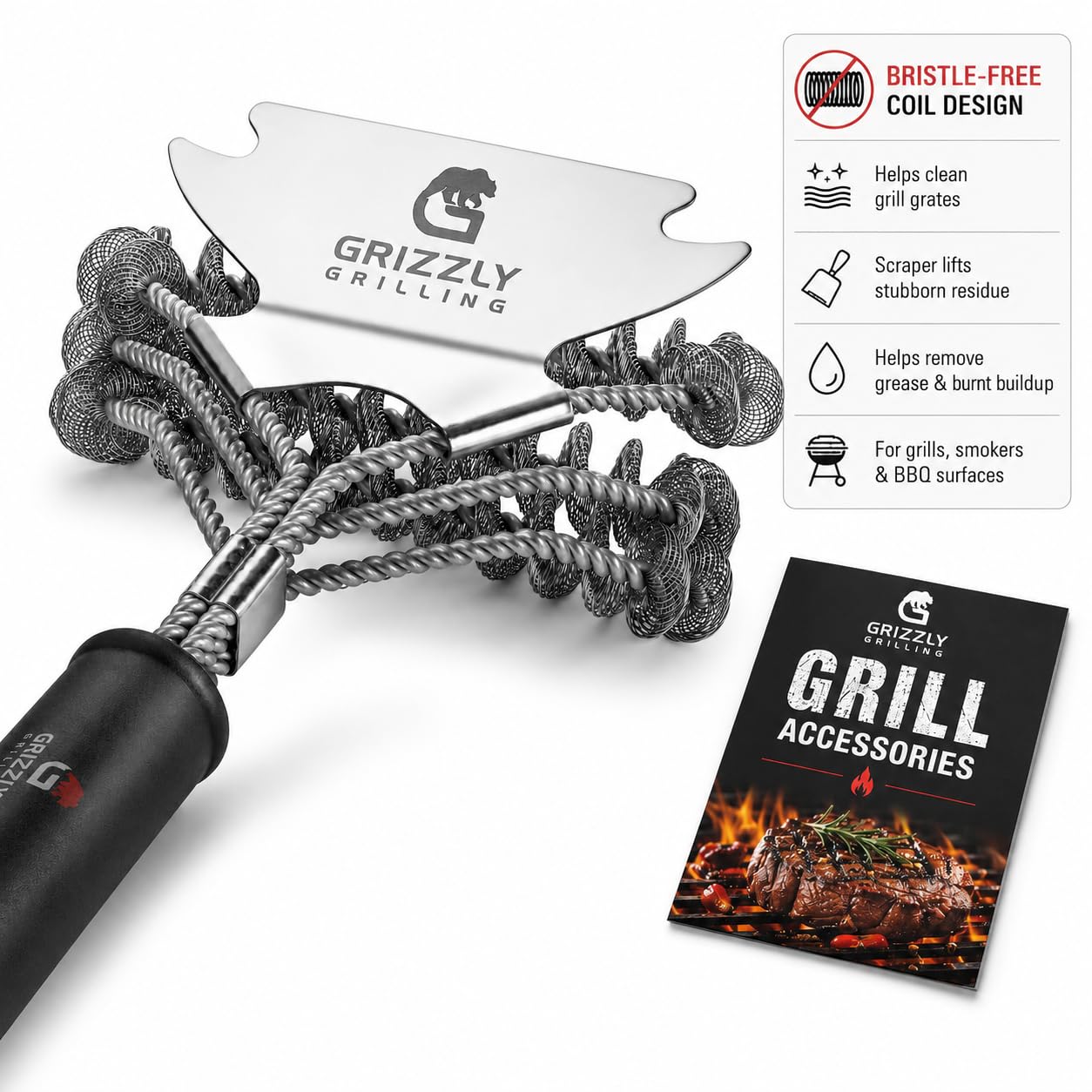 Grizzly Grill Brush with integrated scraper on a clean grill grate