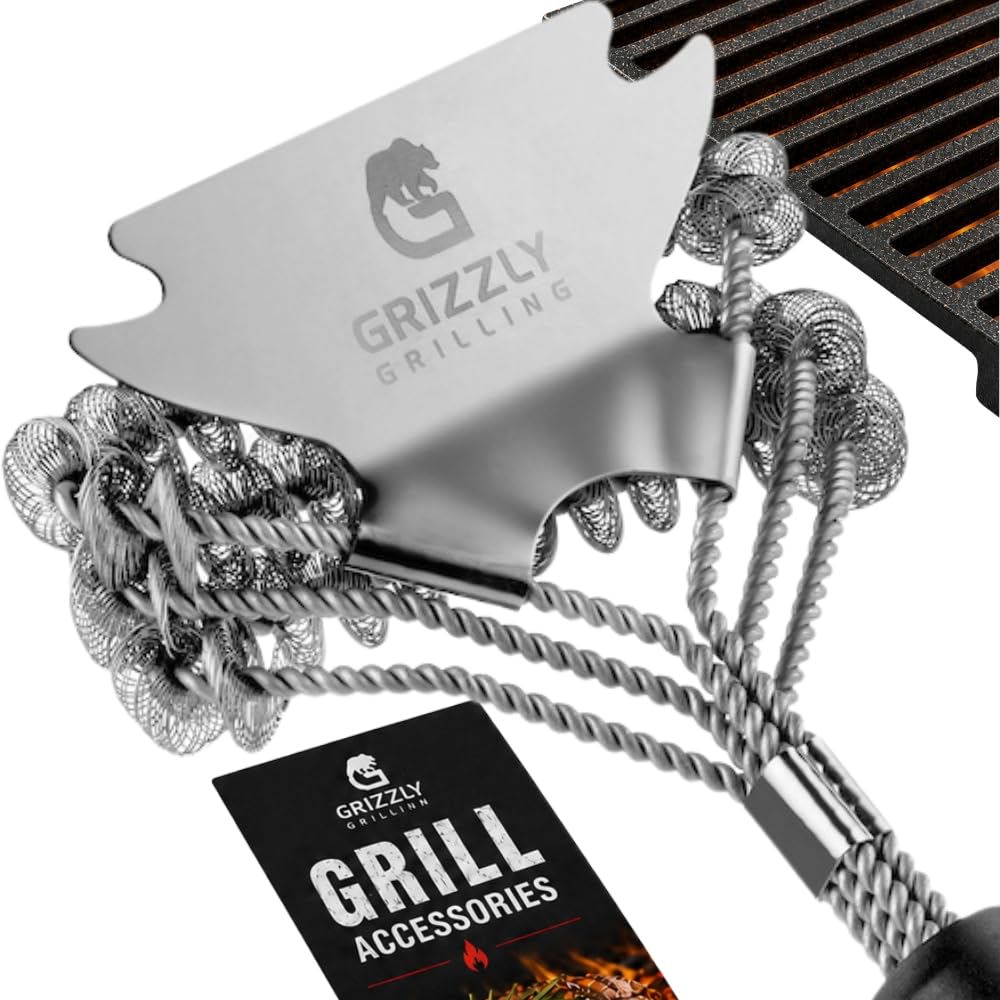Grizzly Grilling Bristle Free Grill Brush with Scraper, 10-Inch, front view