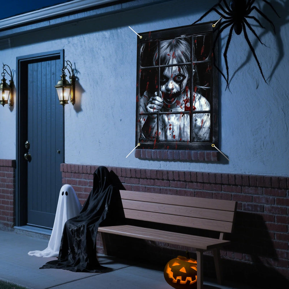 GRMIKBU Halloween ghost curtain displayed outdoors