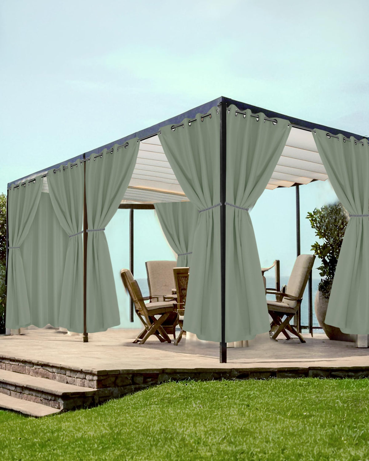 Grommet Outdoor Curtains in Sage Green, front view