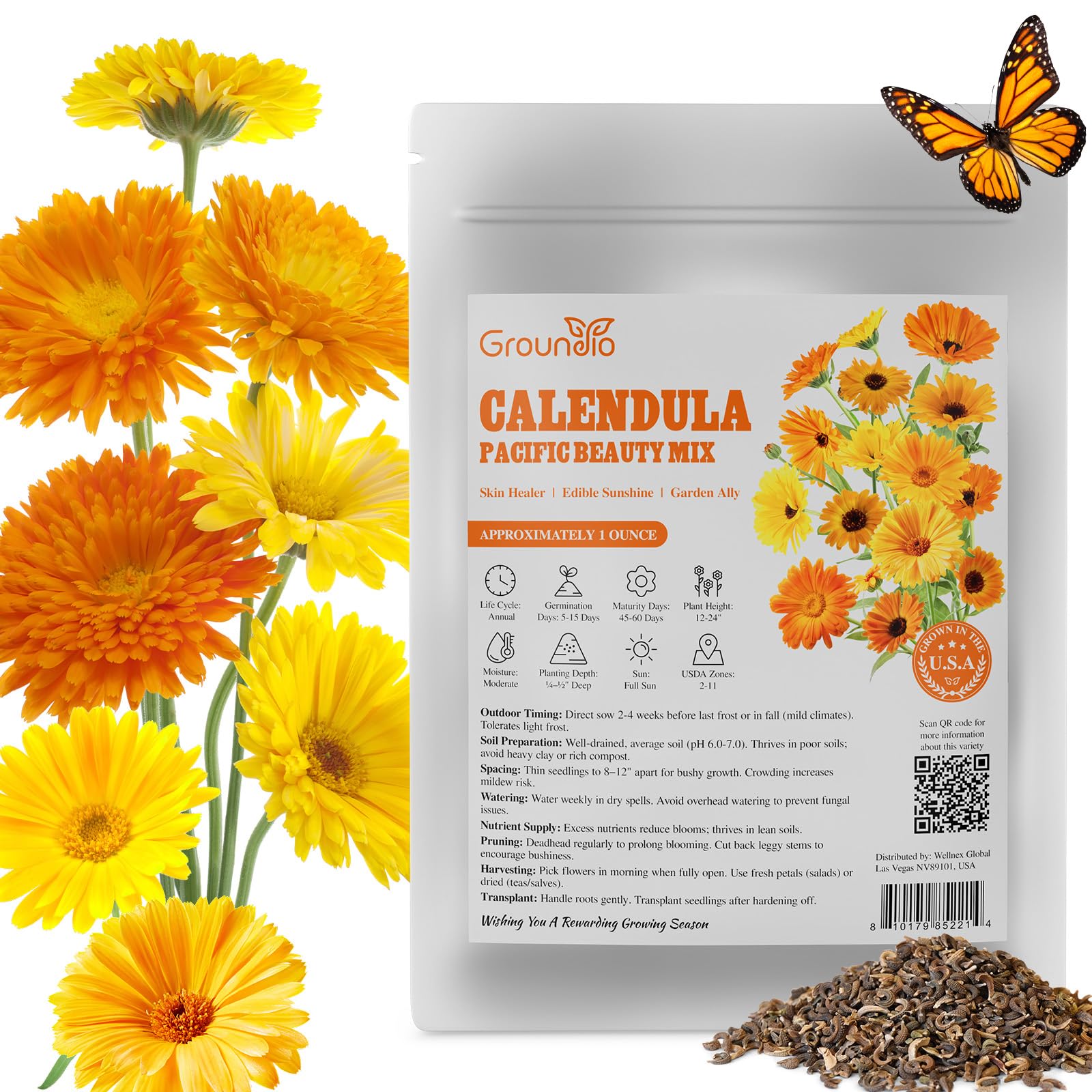 Groundio Calendula Seeds Pacific Beauty Mix 1OZ front view