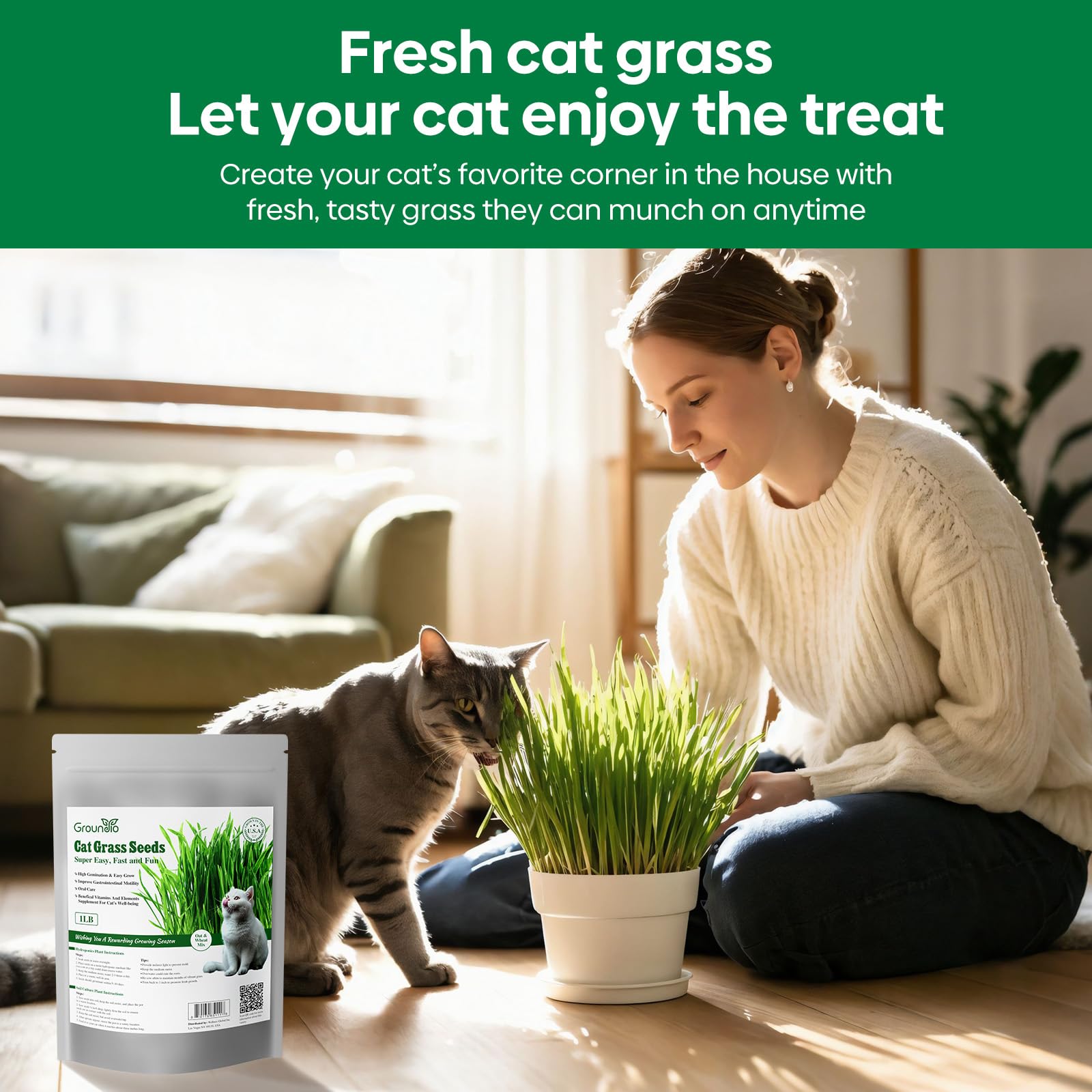 Groundio Cat Grass Seeds in reusable waterproof Ziploc bag