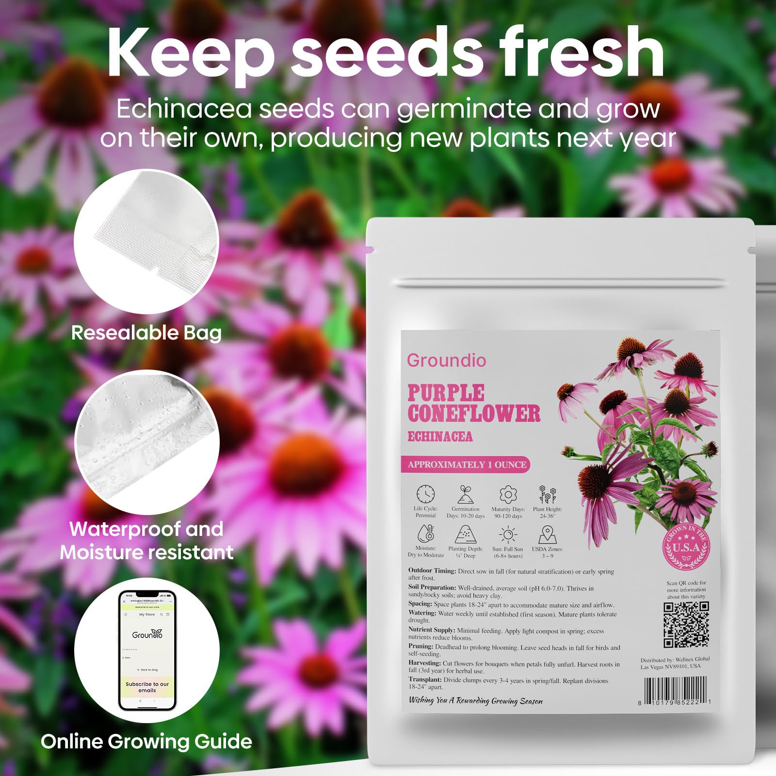 Groundio Purple Coneflower Seeds in moisture-proof packaging