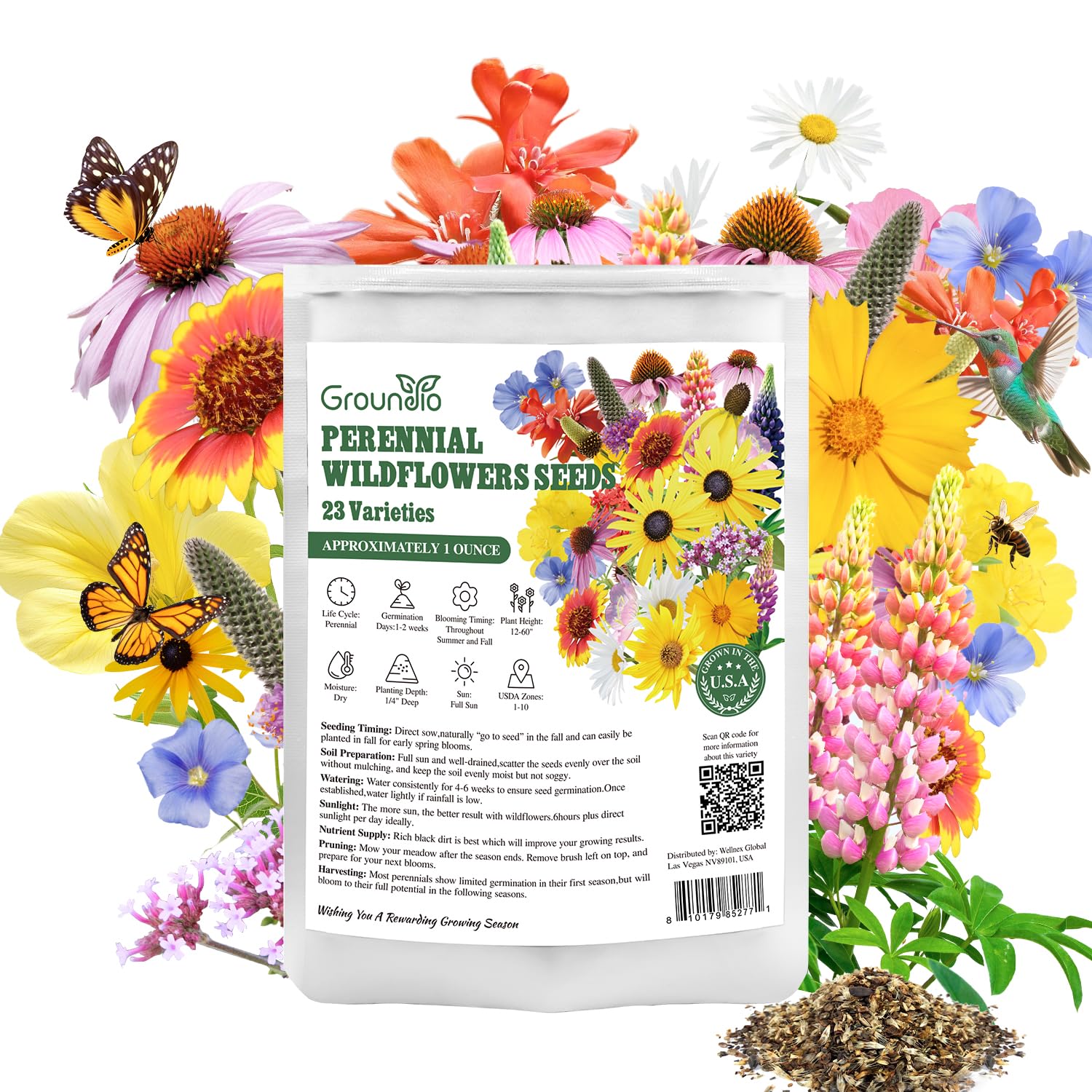 Groundio wildflower seeds displayed with gardening tools