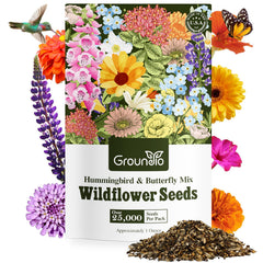 Groundio wildflower seeds mix packaging front view, showcasing 24 varieties