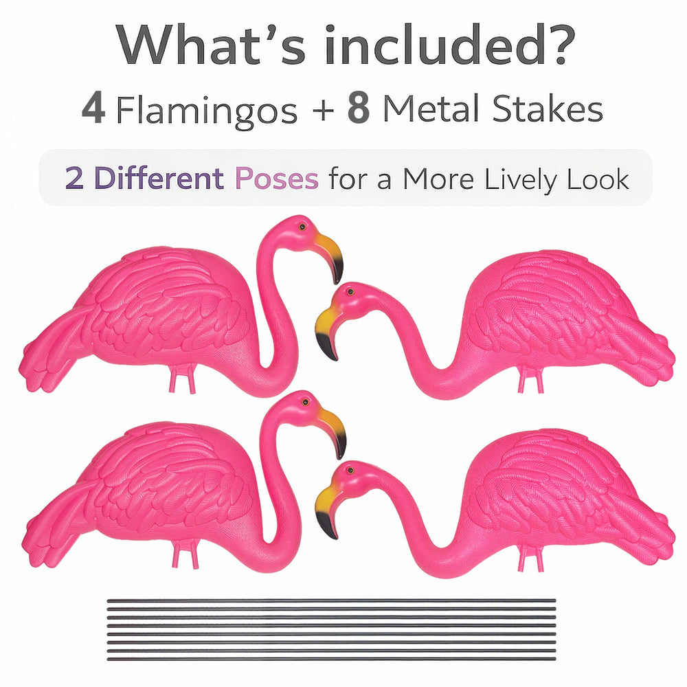 Group of 4 GiftExpress Pink Flamingos in garden